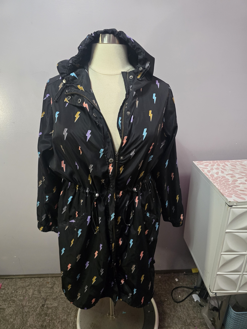 Torrid Black Hooded Raincoat with Multicolor Lightning Bolts Size 3x